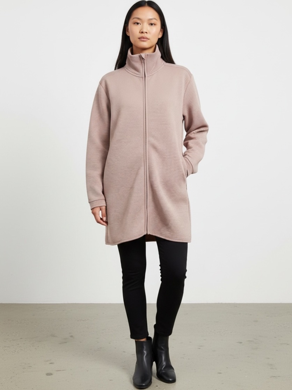 Women’s Long Ribbed Zip-Front Sweater Jacket in Dusty Pink ~ NWT